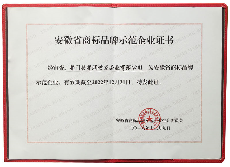 安徽省商标品牌示范企业证书